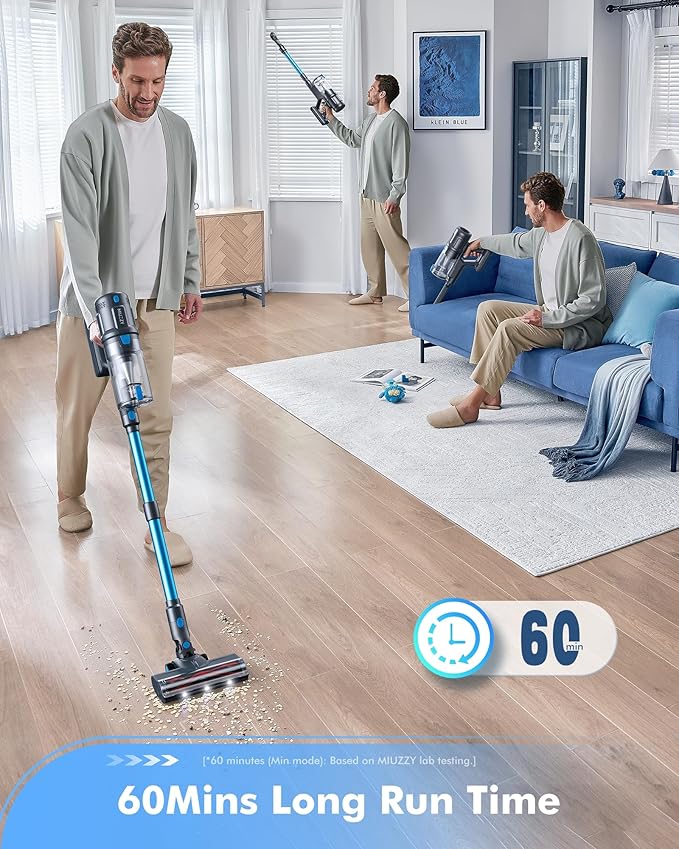 MIUZZY M244 Aspirapolvere Senza Fili, Aspirazione Potente da 140 AW, Autonomia Massima di 60 Minuti con Ricarica Rapida, Avvolgimento Anti-Capelli, Aspirapolvere Stick 6 in 1 per la Casa