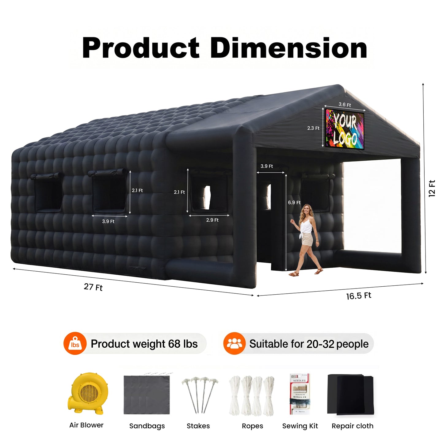 MIUZZY Inflatable Tent with Gazebo, 37FT/27FT Adults' House for Nightclub, Party | Blow Up Tent for Festivals & Events with Ventilation (Include Blower & Repair Kit)