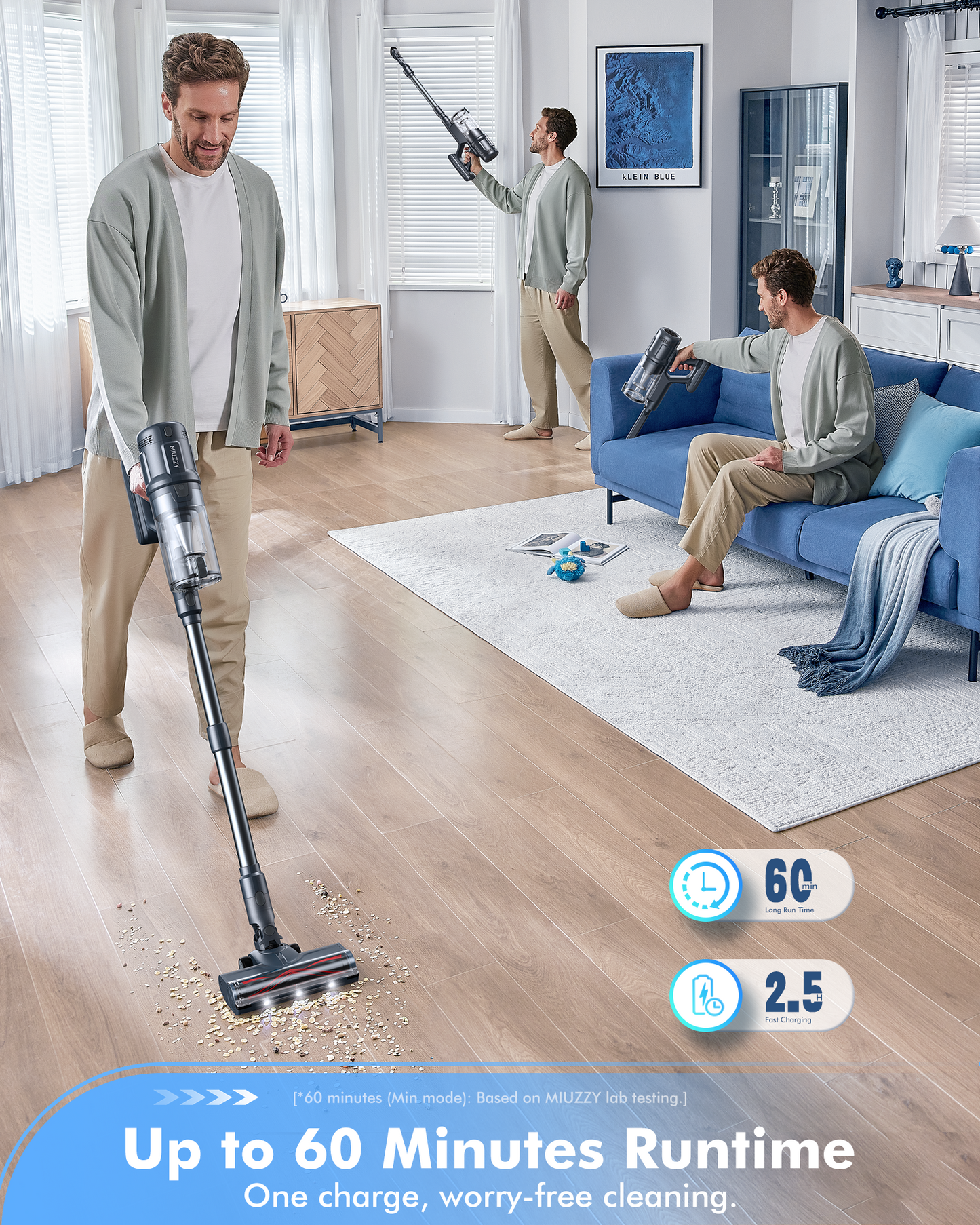 MIUZZY M244 Cordless Vacuum Cleaner, 140AW Powerful Suction, 60 Mins Max Runtime with Fast Charging, Anti-Hair Wrap, 6 in 1 Stick Vacuum Cleaner for Home（Black）