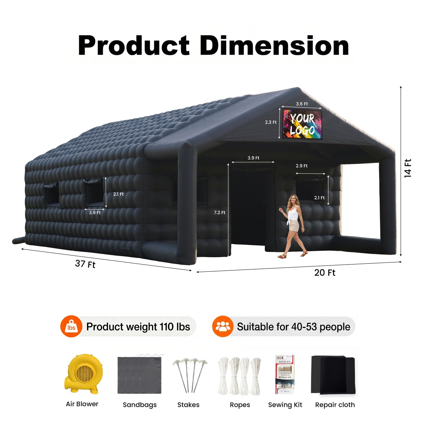 MIUZZY Inflatable Tent with Gazebo, 37FT/27FT Adults' House for Nightclub, Party | Blow Up Tent for Festivals & Events with Ventilation (Include Blower & Repair Kit)