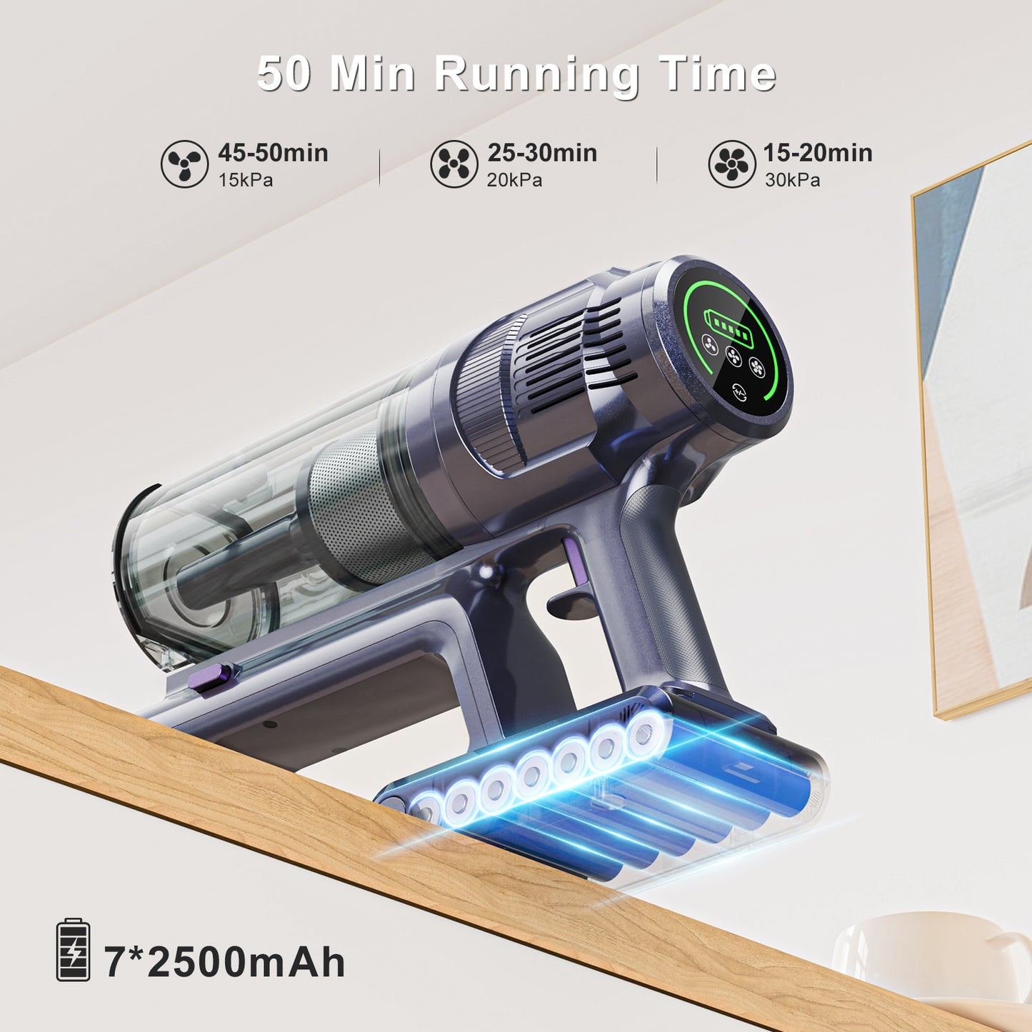 MIUZZY Aspiradora inalámbrica M242, aspiradora sin escobillas de 25 Kpa con pantalla táctil, hasta 50 minutos de funcionamiento, aspiradora ligera para alfombras, suelos de madera del hogar y pelo de mascotas 