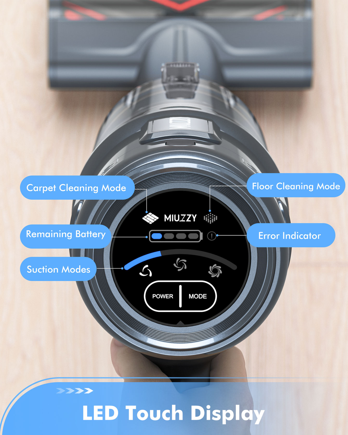 MIUZZY M244 Cordless Vacuum Cleaner, 140AW Powerful Suction, 60 Mins Max Runtime with Fast Charging, Anti-Hair Wrap, 6 in 1 Stick Vacuum Cleaner for Home（Black）
