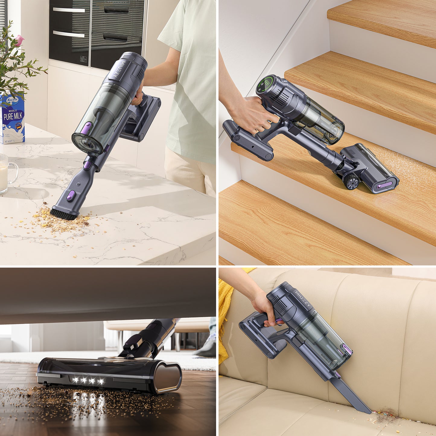 MIUZZY Aspiradora inalámbrica M242, aspiradora sin escobillas de 25 Kpa con pantalla táctil, hasta 50 minutos de funcionamiento, aspiradora ligera para alfombras, suelos de madera del hogar y pelo de mascotas 
